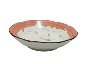 japanbargain 2479, japanese porcelain shallow soup bowl for dinner lunch rice poke donburi udon ramen noodle pasta cereal maneki neko lucky cat pattern for cat lovers made in japan, 8.5-inch, pink