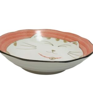 JapanBargain 2479, Japanese Porcelain Shallow Soup Bowl for Dinner Lunch Rice Poke Donburi Udon Ramen Noodle Pasta Cereal Maneki Neko Lucky Cat Pattern for Cat Lovers Made in Japan, 8.5-inch, Pink