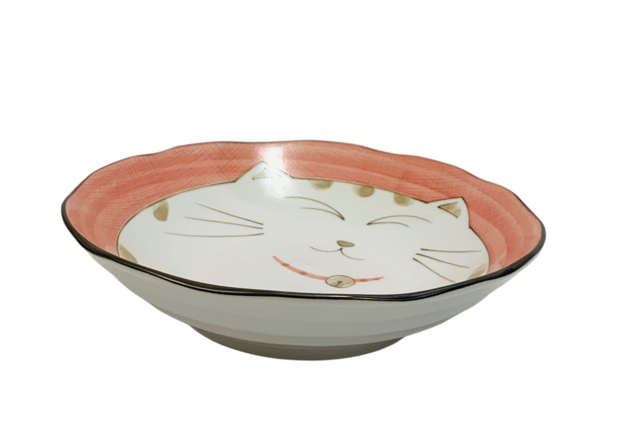 JapanBargain 2479, Japanese Porcelain Shallow Soup Bowl for Dinner Lunch Rice Poke Donburi Udon Ramen Noodle Pasta Cereal Maneki Neko Lucky Cat Pattern for Cat Lovers Made in Japan, 8.5-inch, Pink