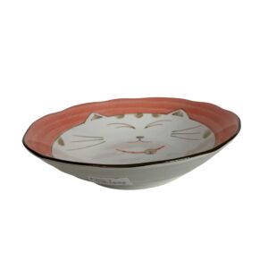 JapanBargain 2479, Japanese Porcelain Shallow Soup Bowl for Dinner Lunch Rice Poke Donburi Udon Ramen Noodle Pasta Cereal Maneki Neko Lucky Cat Pattern for Cat Lovers Made in Japan, 8.5-inch, Pink