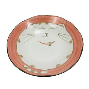 JapanBargain 2479, Japanese Porcelain Shallow Soup Bowl for Dinner Lunch Rice Poke Donburi Udon Ramen Noodle Pasta Cereal Maneki Neko Lucky Cat Pattern for Cat Lovers Made in Japan, 8.5-inch, Pink