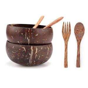 suyooulin coconut bowls, spoon and fork sets, perfect for smoothie bowls, acai bowls, buddha bowls. wooden bowl set made from coconut shells, dessert bowls for family, 6 sets