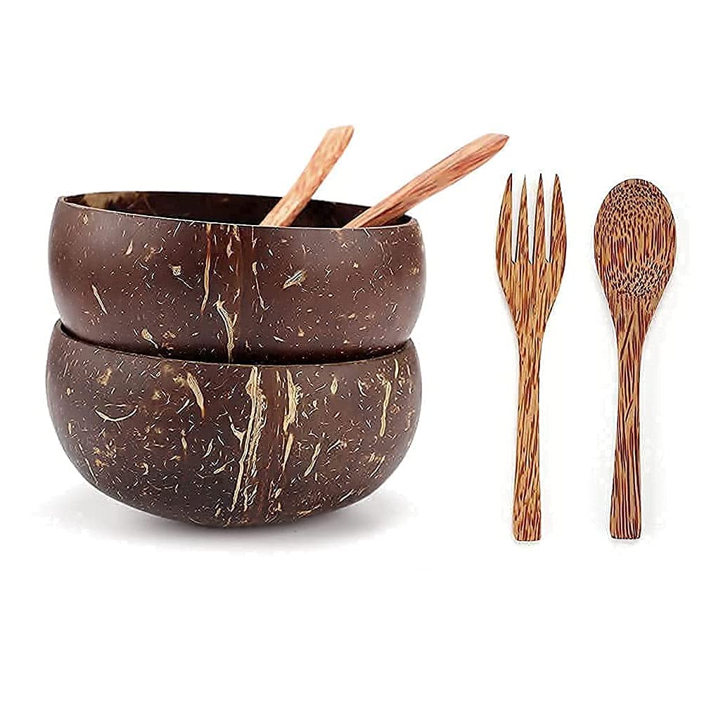 SUYOOULIN Coconut Bowls, Spoon and Fork Sets, Perfect for Smoothie Bowls, Acai Bowls, Buddha Bowls. Wooden Bowl Set Made From Coconut Shells, Dessert Bowls for Family, 6 Sets