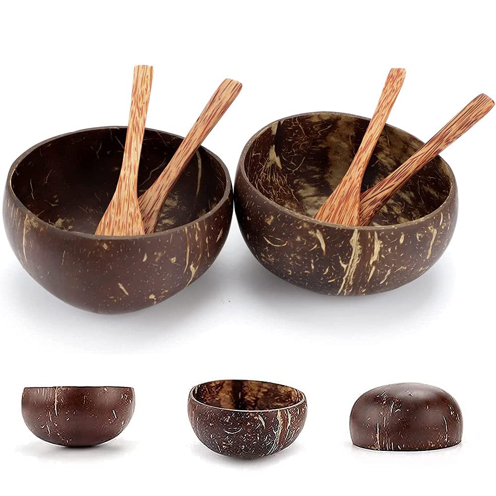 SUYOOULIN Coconut Bowls, Spoon and Fork Sets, Perfect for Smoothie Bowls, Acai Bowls, Buddha Bowls. Wooden Bowl Set Made From Coconut Shells, Dessert Bowls for Family, 6 Sets