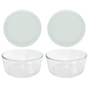 pyrex (2 7203 glass bowls & (2) 7402-pc sage green lids made in the usa