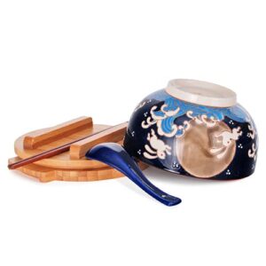 Japanese Dinnerware Set, Moon Rabbits Bowl with Wooden Lid, Chopsticks, Soup Spoon and Trivet, 7 Piece Kit