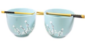 set of 2 japanese porcelain ceramic bowls w chopsticks for ramen soup noodle porridge menudo ramen udon pasta cereal ice cream pho rice instant noodle (white flowers)