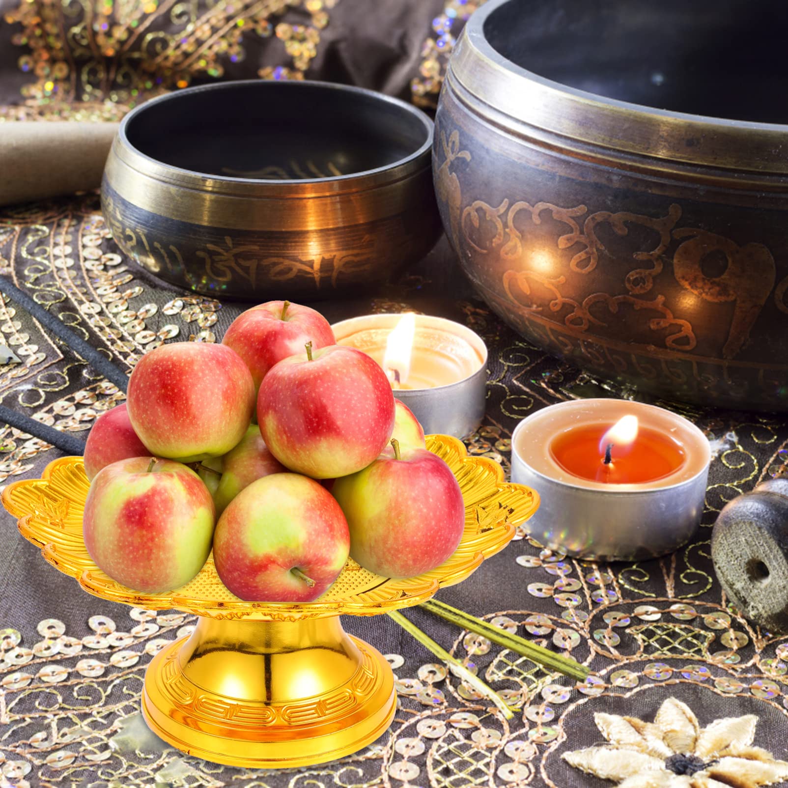 WINOMO 2Pcs Buddhist Fruit Plate Buddhist Supplies Temple Offering Plate Fruit Tray Food Dessert Snack Blessing Fruit Tray Tinplate Bowl for Home Party Decorations