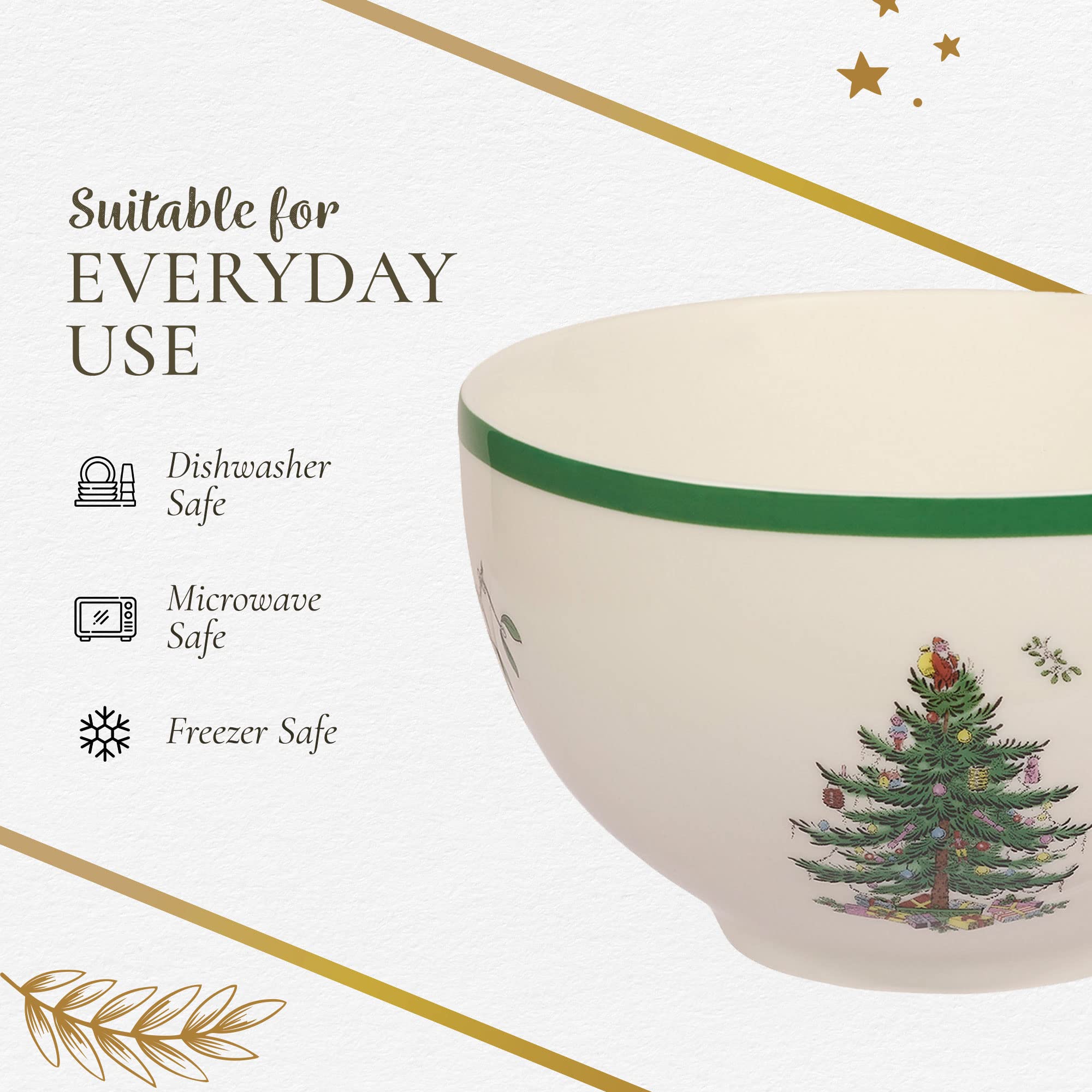 Spode Christmas Tree Collection Rice Bowl - Measured at 6", Use for Soup, Frozen Meals, Stews, and Sticky Rice Dinners, Made of Earthenware, Dishwasher and Microwave Safe