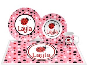 kids personalized plate set - ladybug - personalized dinnerware set, ladybug personalized plate, bowl, placemat, mug - choose your pieces