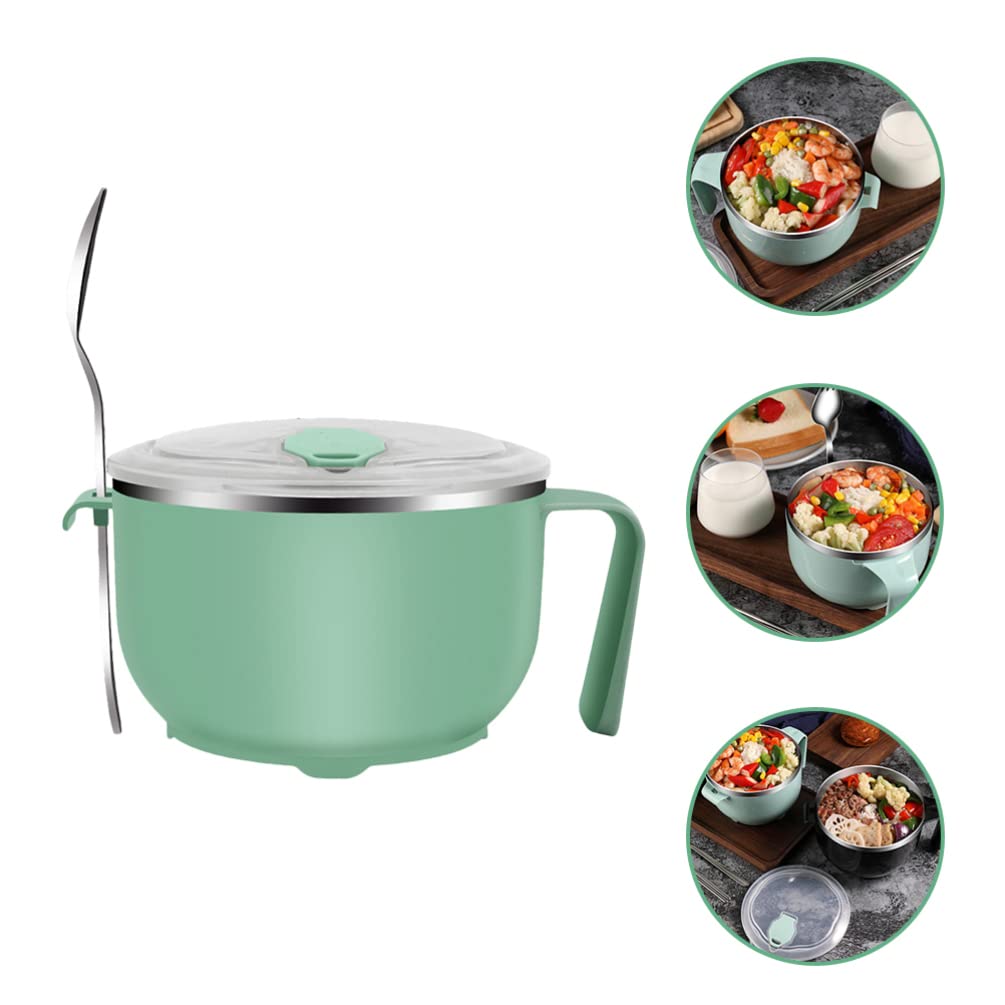 LIFKOME Microwavable Bowls Soup Bowls Stainless Ramen Bowl with Lid Handle 40 OZ Large Instant Noodle Bowl Salad Bowl with Spoon for Soup, Noodles, Ramen Green Simple Modern