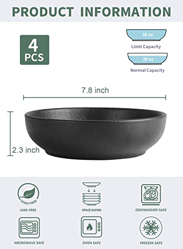 Ghaexui Ceramic Pasta Bowls, Salad Bowls, Large Serving Bowl Set - 35 Ounce, Set of 4, Matte Black