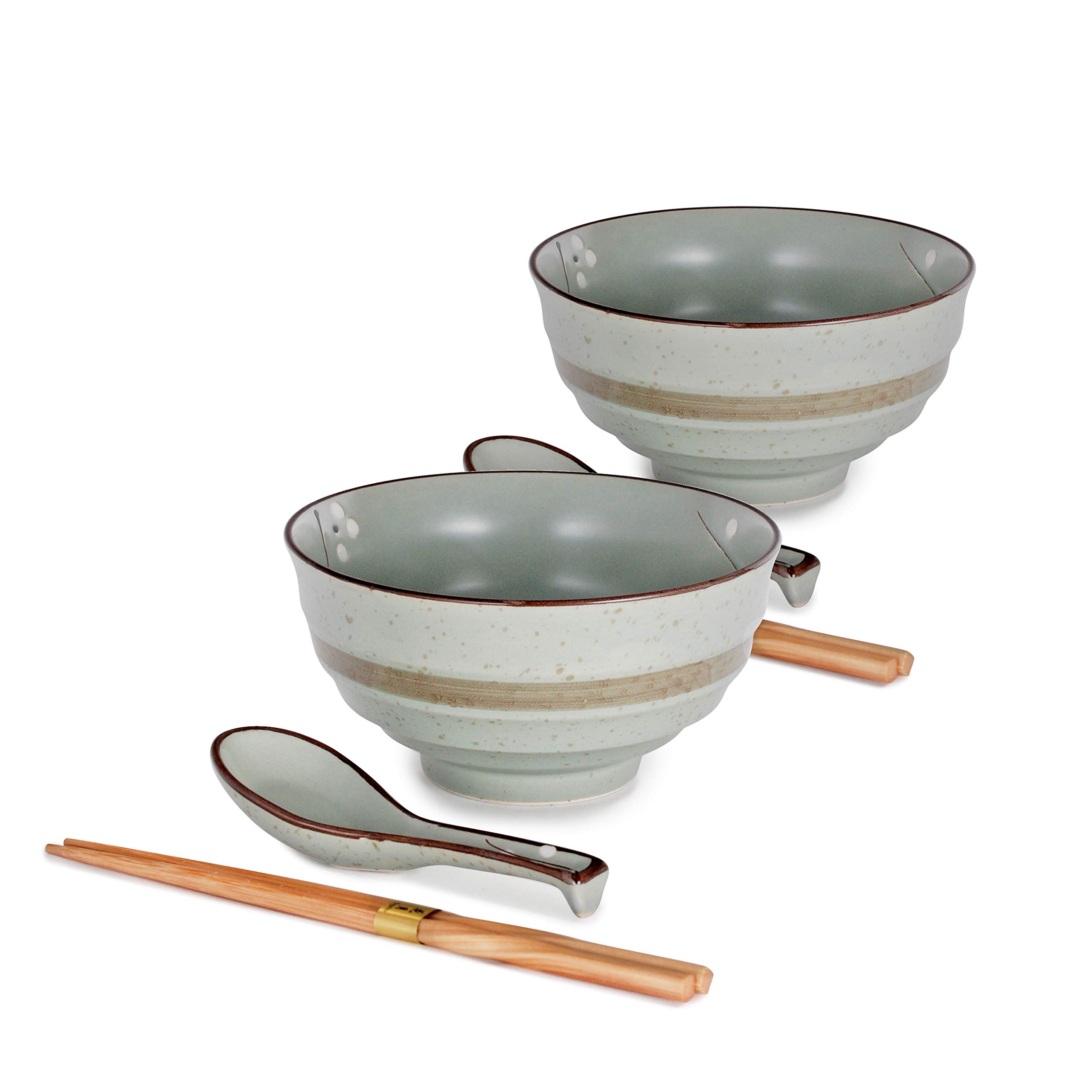 Hinomaru Collection 6 Piece Quality Porcelain Cherry Blossom Sakura Design 20 fl oz Multi Purpose Tayo Rice Noodle Bowl Set of 2 with Matching Spoon and Bamboo Chopsticks (Soshun Sakura)