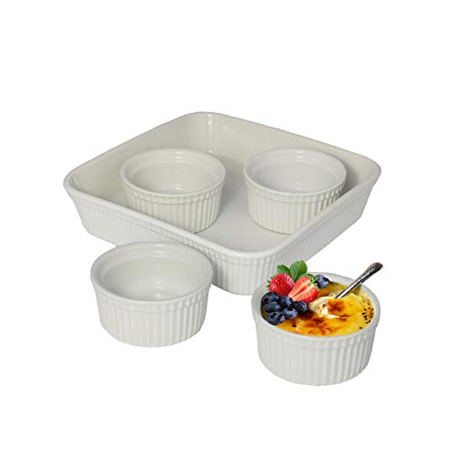 LE REGALO 5 Piece Dessert Set, Set of 4 Ceramic Ramekin Bowls and 1 Stoneware Baking Dish, Large, White