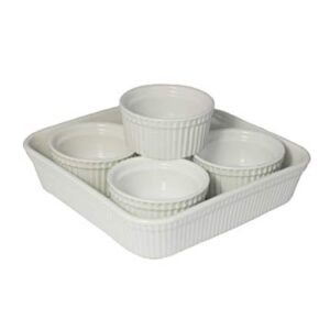 LE REGALO 5 Piece Dessert Set, Set of 4 Ceramic Ramekin Bowls and 1 Stoneware Baking Dish, Large, White