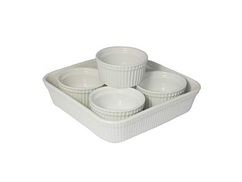 LE REGALO 5 Piece Dessert Set, Set of 4 Ceramic Ramekin Bowls and 1 Stoneware Baking Dish, Large, White