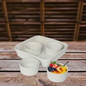 LE REGALO 5 Piece Dessert Set, Set of 4 Ceramic Ramekin Bowls and 1 Stoneware Baking Dish, Large, White