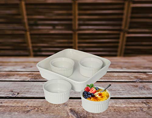 LE REGALO 5 Piece Dessert Set, Set of 4 Ceramic Ramekin Bowls and 1 Stoneware Baking Dish, Large, White