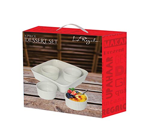 LE REGALO 5 Piece Dessert Set, Set of 4 Ceramic Ramekin Bowls and 1 Stoneware Baking Dish, Large, White