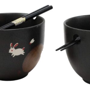 Ebros Pack Of 2 Ceramic Flying White Moon Rabbit Hare Ramen Udong Noodles Black Bowls and Chopsticks For Asian Dining Soup Rice Pasta Salad Collection of Bowl Decor Home Kitchen