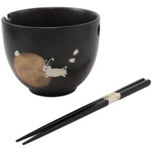 Ebros Pack Of 2 Ceramic Flying White Moon Rabbit Hare Ramen Udong Noodles Black Bowls and Chopsticks For Asian Dining Soup Rice Pasta Salad Collection of Bowl Decor Home Kitchen