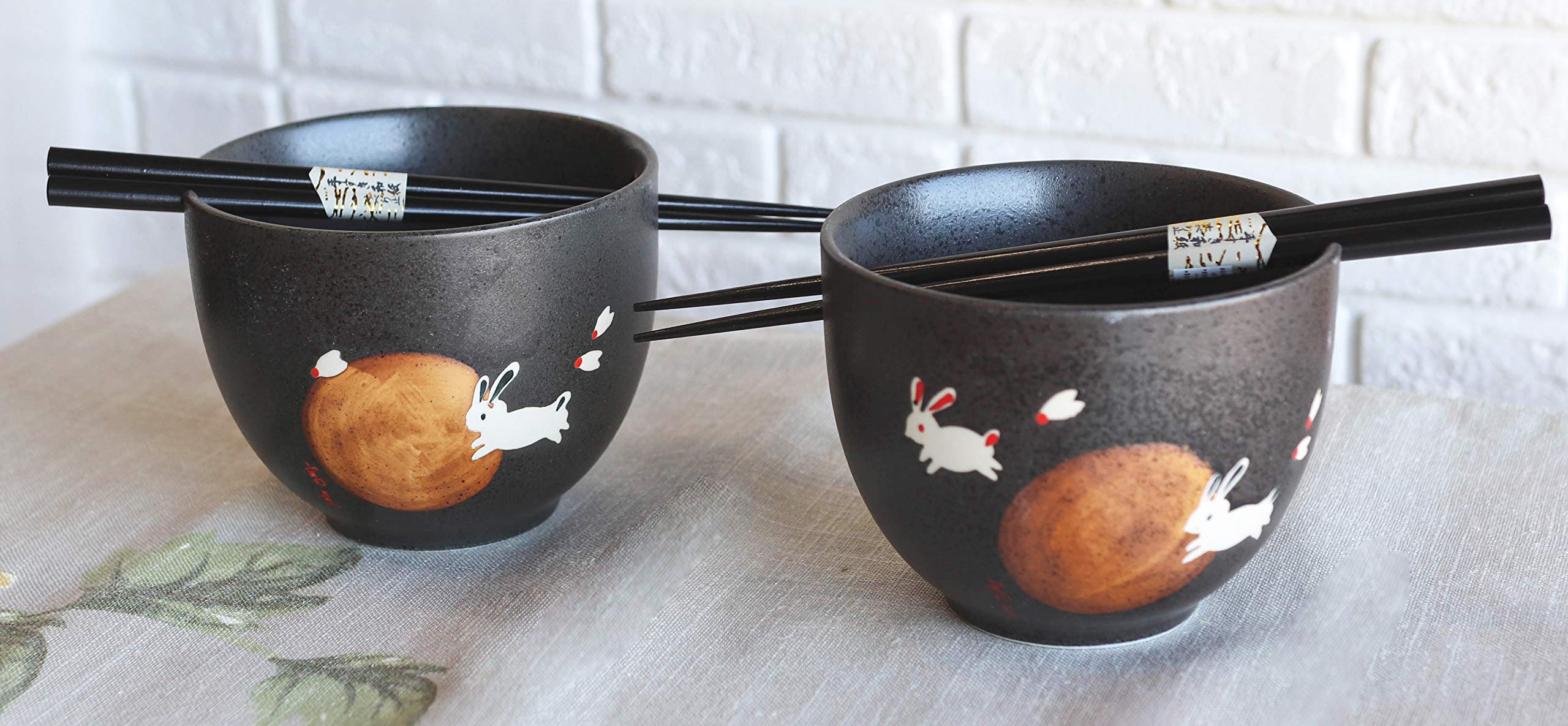 Ebros Pack Of 2 Ceramic Flying White Moon Rabbit Hare Ramen Udong Noodles Black Bowls and Chopsticks For Asian Dining Soup Rice Pasta Salad Collection of Bowl Decor Home Kitchen