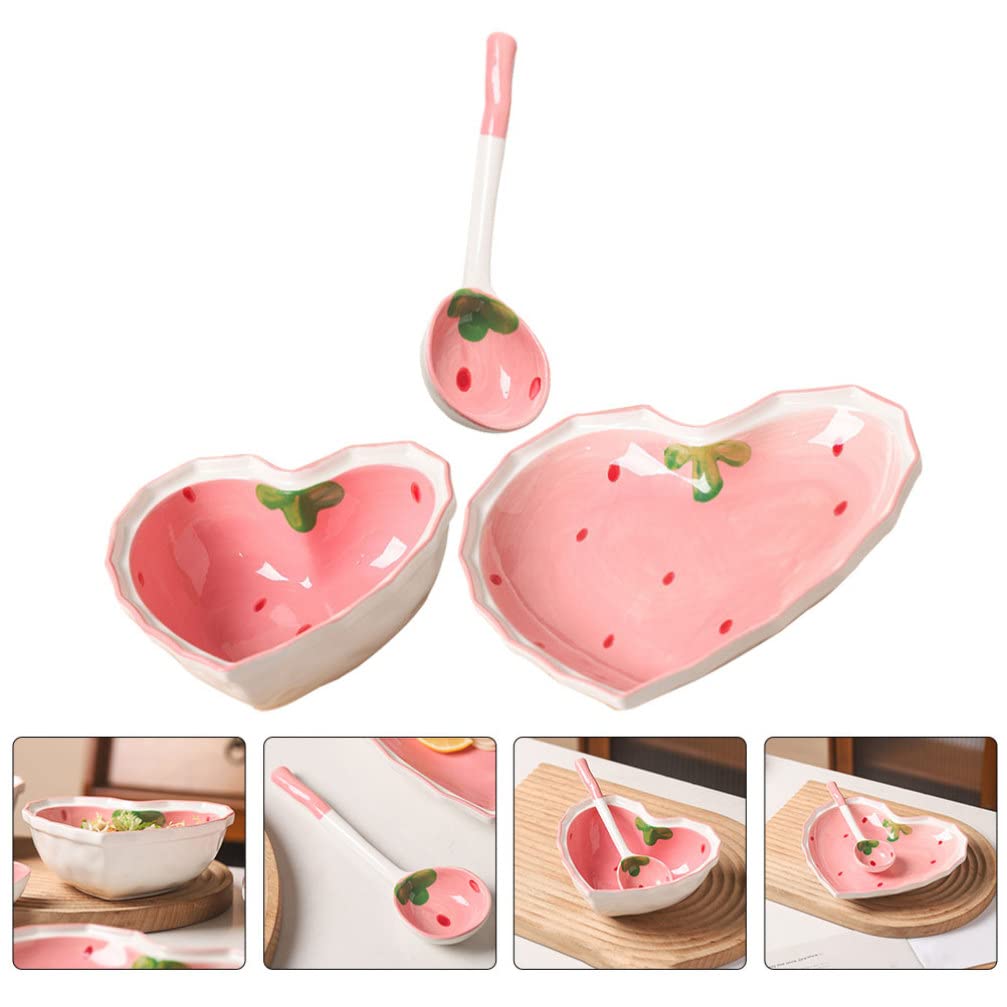 Angoily Ceramic Dessert Bowls Plate: 1 Set Love Heart Shaped Strawberry Salad Bowl with Spoon Porcelain Mixing Bowls for Soup Pasta Dessert Cereal Snack Rice Noodles Ice Cream