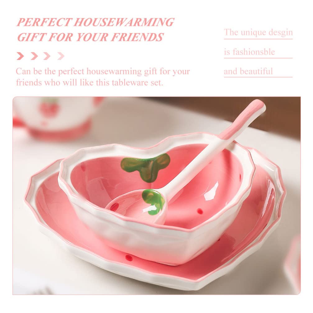 Angoily Ceramic Dessert Bowls Plate: 1 Set Love Heart Shaped Strawberry Salad Bowl with Spoon Porcelain Mixing Bowls for Soup Pasta Dessert Cereal Snack Rice Noodles Ice Cream