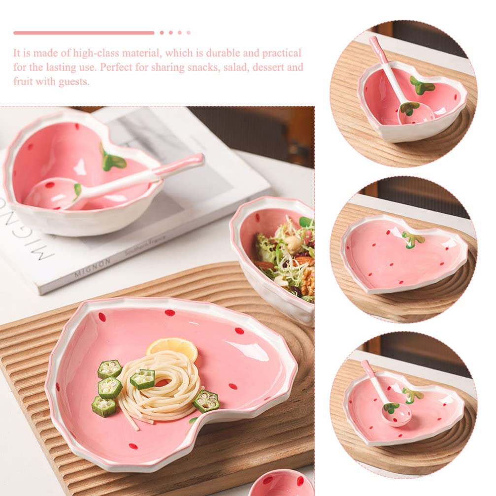 Angoily Ceramic Dessert Bowls Plate: 1 Set Love Heart Shaped Strawberry Salad Bowl with Spoon Porcelain Mixing Bowls for Soup Pasta Dessert Cereal Snack Rice Noodles Ice Cream