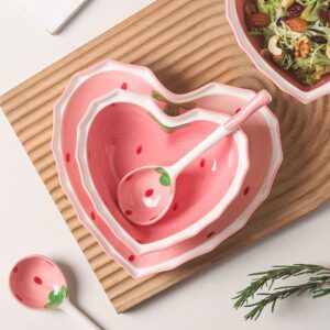 Angoily Ceramic Dessert Bowls Plate: 1 Set Love Heart Shaped Strawberry Salad Bowl with Spoon Porcelain Mixing Bowls for Soup Pasta Dessert Cereal Snack Rice Noodles Ice Cream