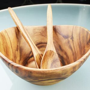 PACIFIC MERCHANTS Acaciaware Acacia Wood Large Salad Bowl With Salad Servers, 12" x 6", Acacia Wood Serving Bowl, Acacia Salad Bowl, Salad Serving Set, Sustainable, Eco-Friendly, Hand Made