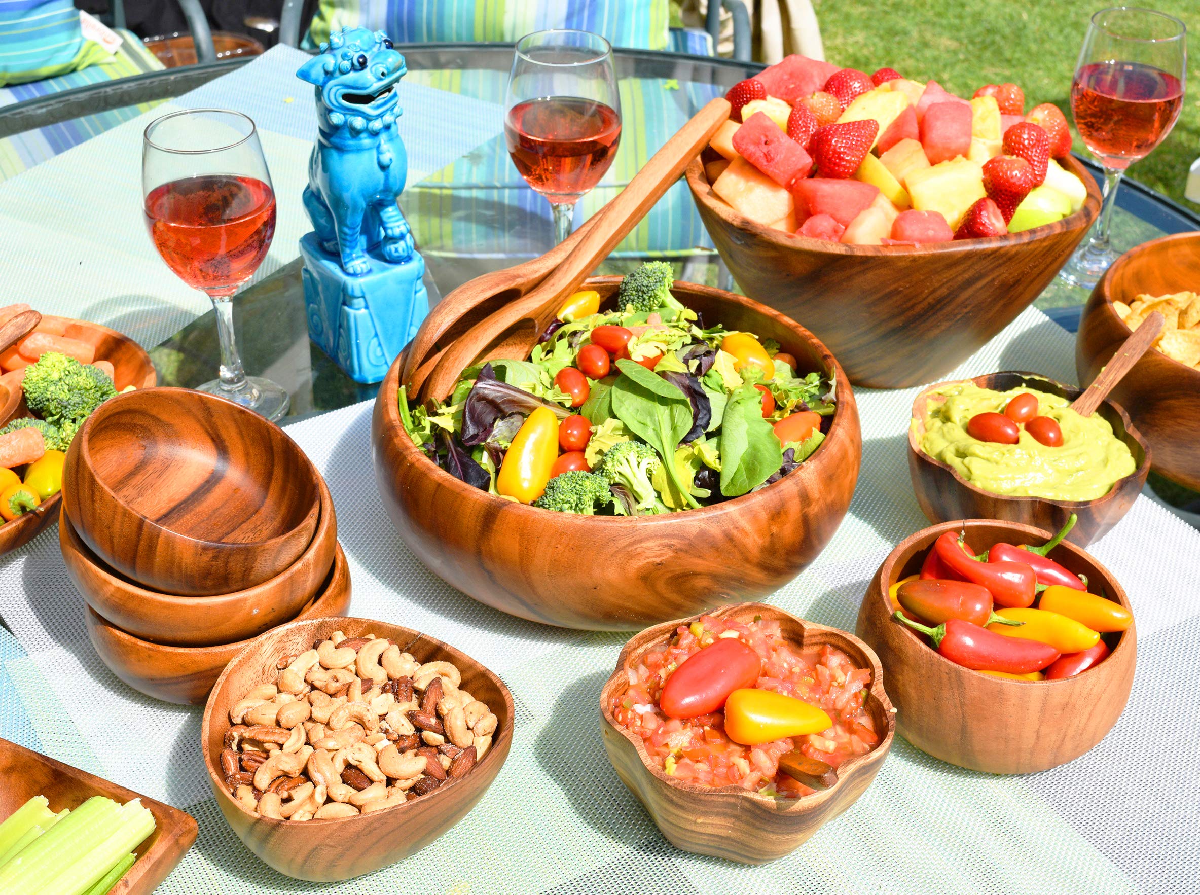 PACIFIC MERCHANTS Acaciaware Acacia Wood Large Salad Bowl With Salad Servers, 12" x 6", Acacia Wood Serving Bowl, Acacia Salad Bowl, Salad Serving Set, Sustainable, Eco-Friendly, Hand Made