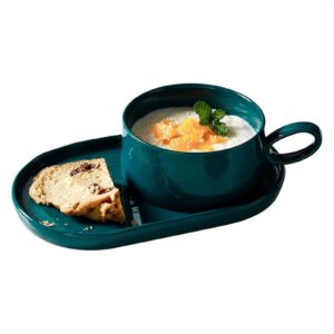 Ceramic Breakfast Bowls Set for Oatmeal, Bread, Soup Bowl and Sandwich Plate, French Onion Soup with Handle, Oven Safe (Color : Dark Green)