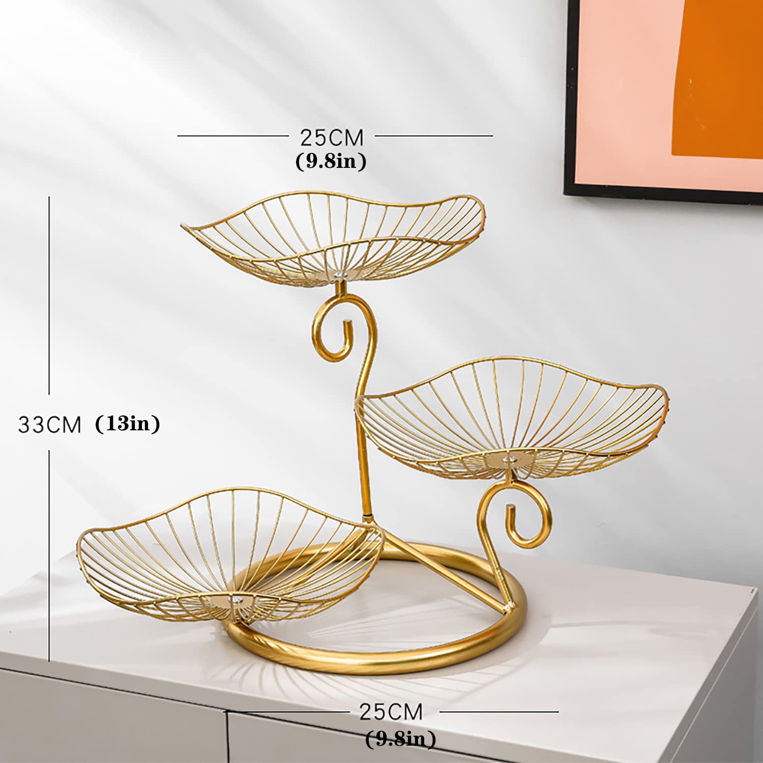 wentian 3 Tier iron Fruit bowl basket Table top vegetable banana and apple storage basket Lotus shaped fruit stand for home (Gold)