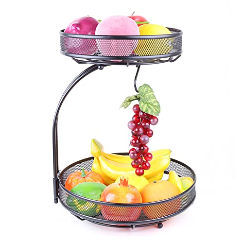 Jwukiie 2 Tier Fruit Basket Stand, Vegetable Storage Rack with Removable Bread Snack Basket, Fruit Bowl Rack Decorative Fruit Tray