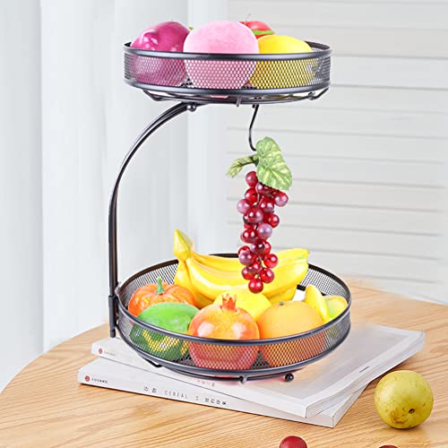 Jwukiie 2 Tier Fruit Basket Stand, Vegetable Storage Rack with Removable Bread Snack Basket, Fruit Bowl Rack Decorative Fruit Tray