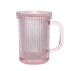 lysenn pink glass coffee mug - classic vertical stripes tea mug - elegant coffee cup with glass lid for latte, espresso - lovely gift for christmas, anniversary and birthday - 11 oz