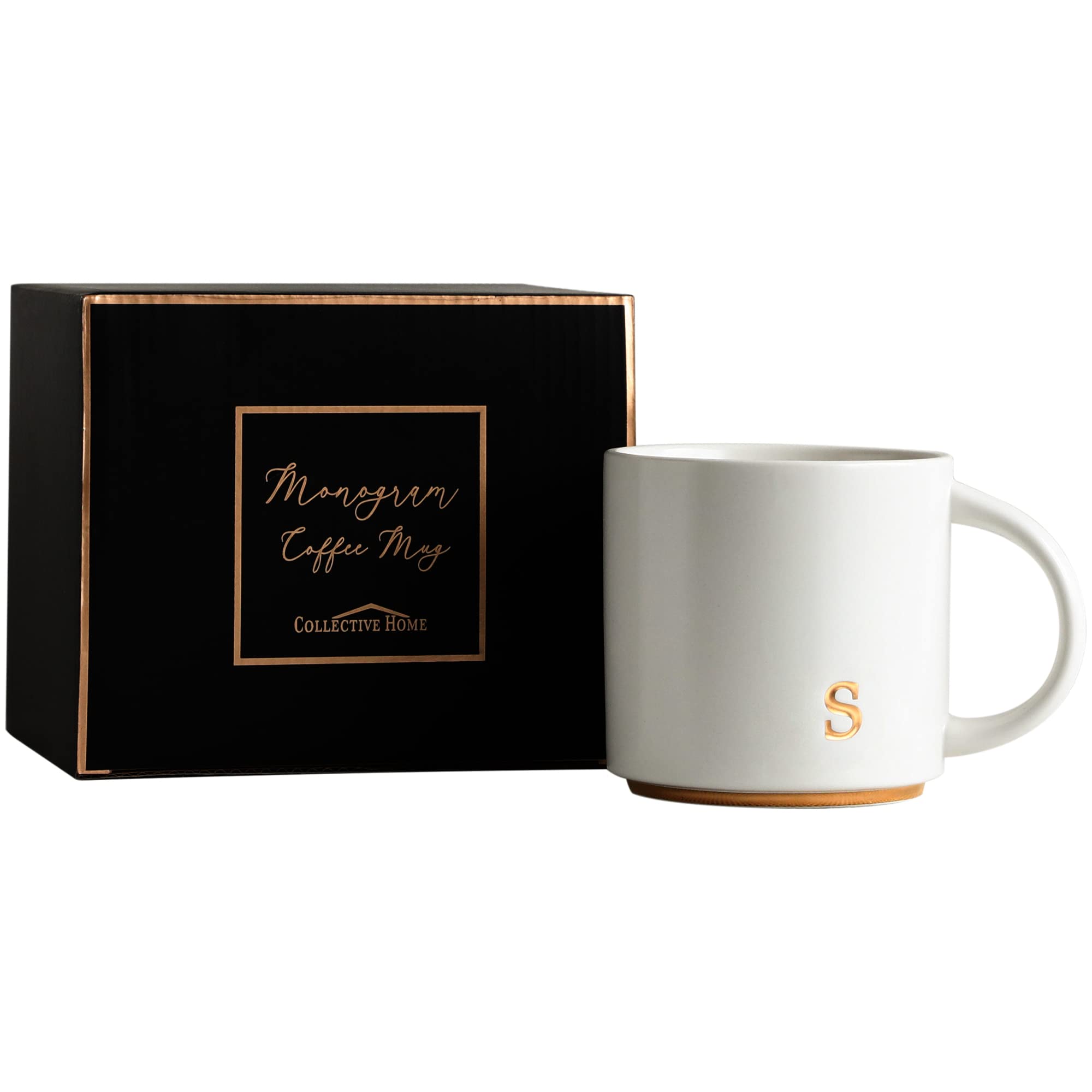 COLLECTIVE HOME - Monogram Ceramic Mugs, 15 oz Golden Initial Coffee Cups, Elegant Alphabet Tea Mugs, Elegant Personalized Mug with Gift Box, Luxurious Cups for Office and Home (s)