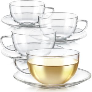 teabloom kyoto teacup and saucer set 4-pack – 12 oz/ 350 ml capacity – premium borosilicate glass – heat resistant, microwave safe – glass mug set