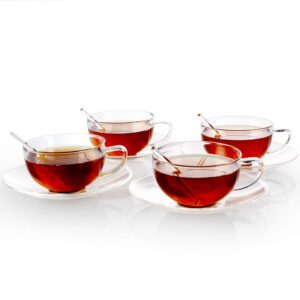 Teabloom Kyoto Teacup and Saucer Set 4-Pack – 12 OZ/ 350 ML Capacity – Premium Borosilicate Glass – Heat Resistant, Microwave Safe – Glass Mug Set