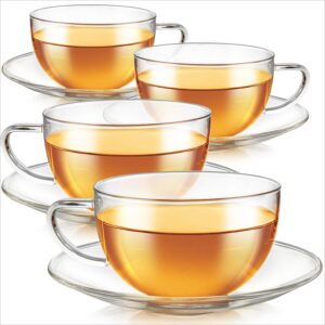 Teabloom Kyoto Teacup and Saucer Set 4-Pack – 12 OZ/ 350 ML Capacity – Premium Borosilicate Glass – Heat Resistant, Microwave Safe – Glass Mug Set
