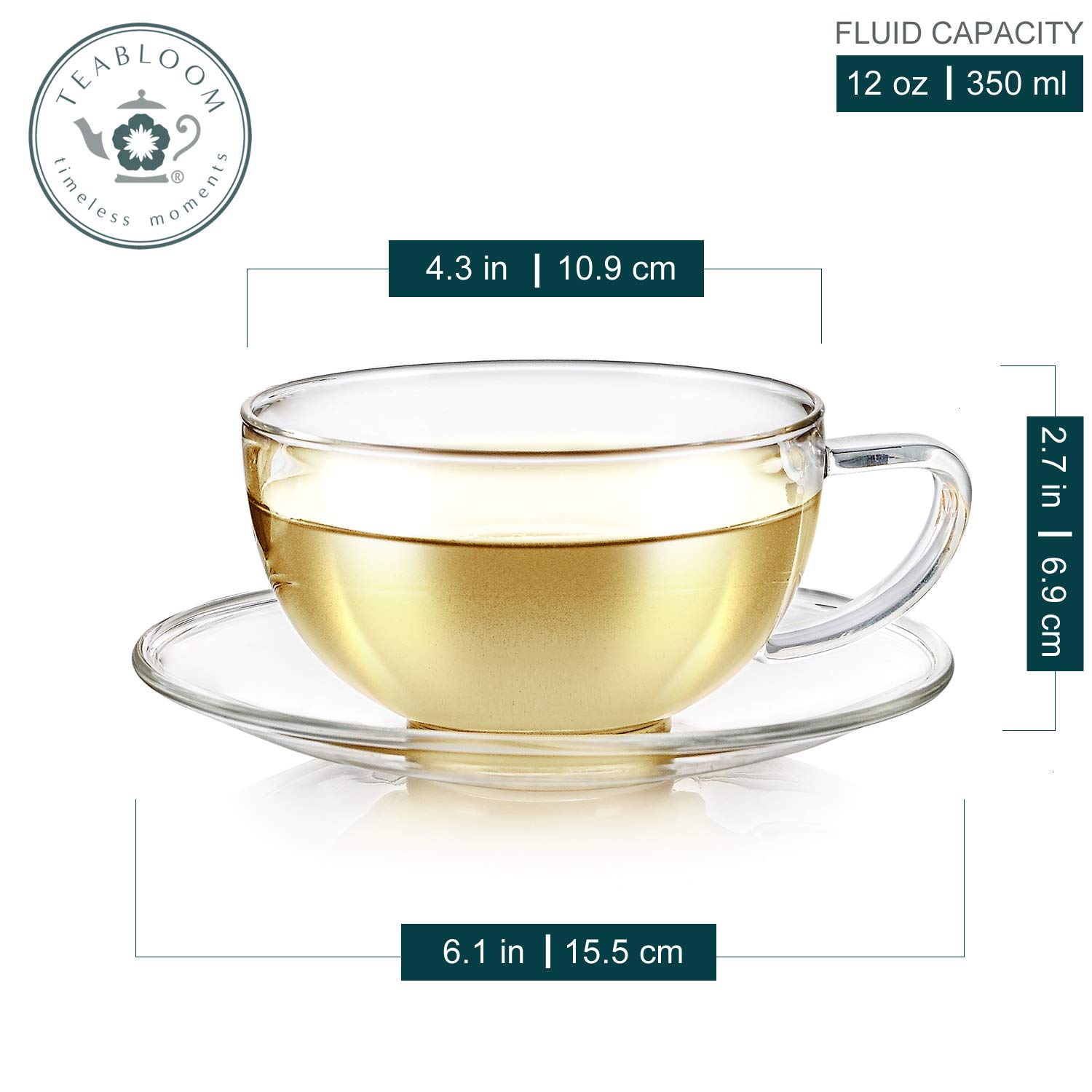 Teabloom Kyoto Teacup and Saucer Set 4-Pack – 12 OZ/ 350 ML Capacity – Premium Borosilicate Glass – Heat Resistant, Microwave Safe – Glass Mug Set