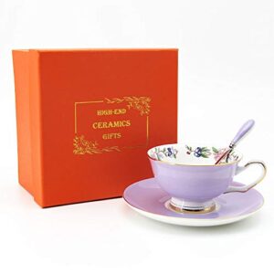 3 Piece Bone China Cup and Saucer Set with Spoon Vintage Porcelain Coffee Cup Set, Floral Tea Cup Set with Gold Trim and Gift Box, 7.1oz.