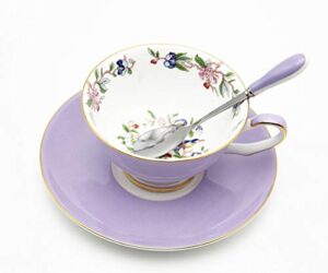 3 piece bone china cup and saucer set with spoon vintage porcelain coffee cup set, floral tea cup set with gold trim and gift box, 7.1oz.