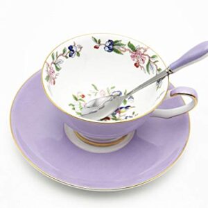 3 Piece Bone China Cup and Saucer Set with Spoon Vintage Porcelain Coffee Cup Set, Floral Tea Cup Set with Gold Trim and Gift Box, 7.1oz.