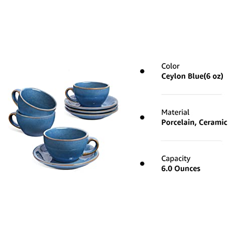 LE TAUCI 6 oz Cappuccino Cups with Saucers，Ceramic Coffee Cup for Au Lait, Double shot, Latte, Cafe Mocha, Tea - Set of 4, Ceylon Blue