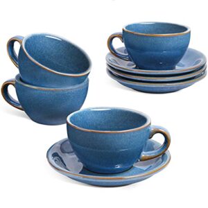le tauci 6 oz cappuccino cups with saucers，ceramic coffee cup for au lait, double shot, latte, cafe mocha, tea - set of 4, ceylon blue