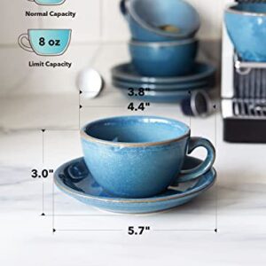 LE TAUCI 6 oz Cappuccino Cups with Saucers，Ceramic Coffee Cup for Au Lait, Double shot, Latte, Cafe Mocha, Tea - Set of 4, Ceylon Blue