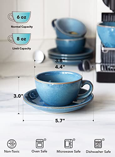 LE TAUCI 6 oz Cappuccino Cups with Saucers，Ceramic Coffee Cup for Au Lait, Double shot, Latte, Cafe Mocha, Tea - Set of 4, Ceylon Blue