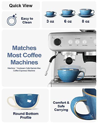 LE TAUCI 6 oz Cappuccino Cups with Saucers，Ceramic Coffee Cup for Au Lait, Double shot, Latte, Cafe Mocha, Tea - Set of 4, Ceylon Blue